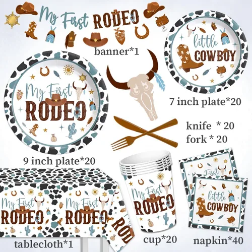 Miniatura 4 de Suministros de fiesta de cumpleaños de mi primer rodeo para niño - 142 piezas, vajilla occidental de vaquero para fiesta del 1er rodeo, decoración