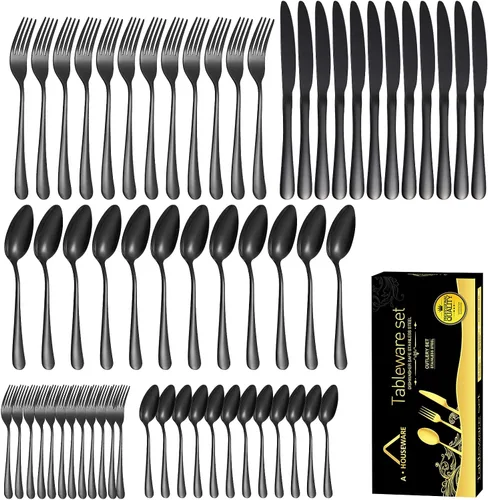 Miniatura 8 de Juego de cubiertos negros para 12 cubiertos de acero inoxidable, 60 piezas, cuchara, tenedor, cuchillo, utensilios de cocina, mango redondo ancho