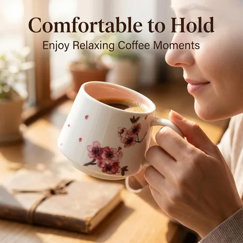 Miniatura 5 de DUSVALLY Taza de café floral de cerezo de 12 onzas, taza de cerámica con asa, apta para microondas y lavavajillas, taza de regalo rosa para mujer