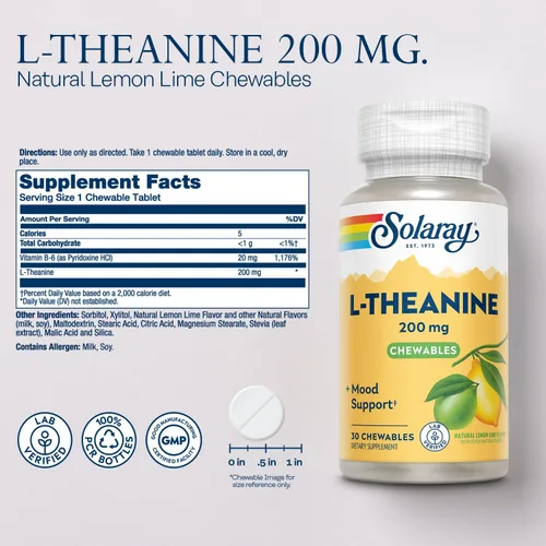 Miniatura 2 de SOLARAY L Teanina 200 mg, suplemento de apoyo al estado de ánimo con vitamina B6 - Apoyo calmante durante el estrés ocasional - Sabor natural