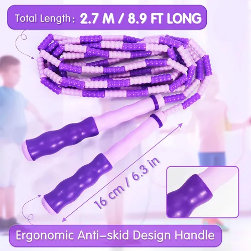 Miniatura 4 de Supertrip Cuerda de saltar para niños, cuerda de saltar con cuentas suaves, ajustable, sin enredos, segmentada para niños y estudiantes Azul y morado