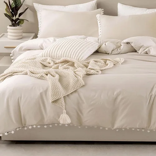 Miniatura 2 de Bedbay Juego de edredón bohemio color beige, edredón con pompones, decoración de habitación estética, bonito juego de ropa de cama con flecos