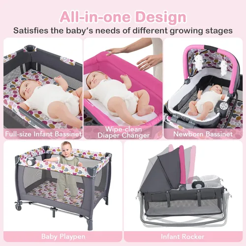Miniatura 3 de HONEY JOY Empaca y juega con el moisés, paquete central de guardería infantil y juega con cuna y juguetes colgantes para recién nacidos, bolsa