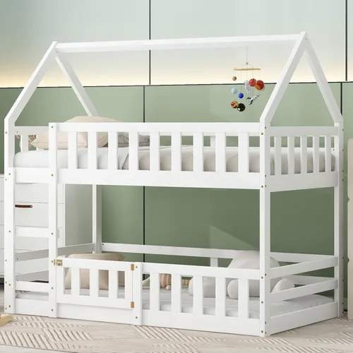 Miniatura 10 de JIVOIT Litera de madera con diseño de techo y ventanas, litera individual sobre individual con nido y escalera integrada para niños, adolescentes