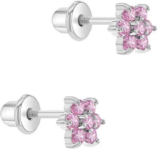 Miniatura 2 de Aretes de seguridad chapados en rodio con circonita cúbica, para niños pequeños y niñas jóvenes, de 0.197in, delicados y brillantes aretes florales