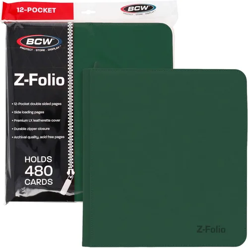 BCW Z-Folio LX - Cartera con cremallera – Álbum de 12 bolsillos de cuero sintético verde premium – Cremallera segura – Capacidad de 480 tarjetas –