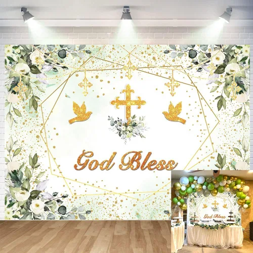 Fondo verde y dorado para bautizo, decoración de fiesta de primera comunión, fondo de fotografía de bautizo, 7 x 5 pies (82 x 59 pulgadas)