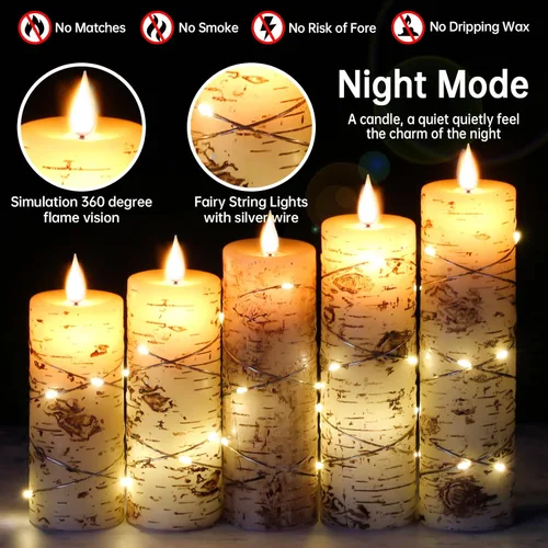 Miniatura 2 de Da by Velas LED pintadas a mano con diseño en relieve de corteza de abedul, juego de 5 velas (alturas: 4", 5", 6", 7", 8") alimentadas por