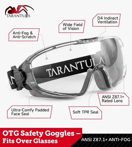 Miniatura 2 de Tarantula ANSI Z87.1+ - Gafas de seguridad para usar sobre lentes, lentes UV380 antivaho y antiarañazos, correa ajustable, protección ocular de alto