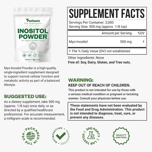Miniatura 2 de Purisure Inositol en polvo, 2.2 lbs, fertilidad, equilibrio hormonal y apoyo ovárico, polvo de inositol puro, suplemento de inositol para apoyar