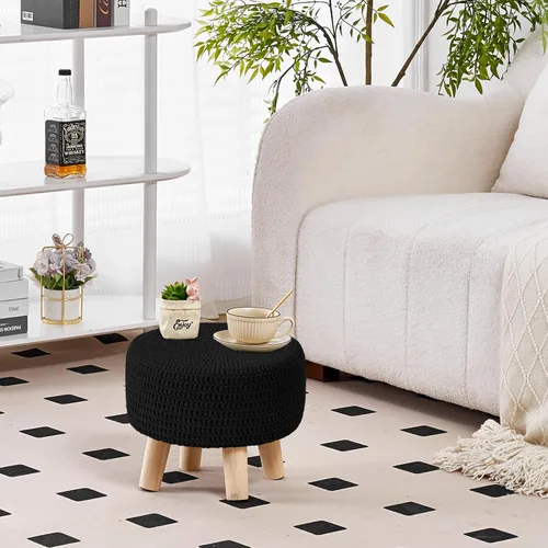 Miniatura 2 de Wimarsbon Otomanos Pequeños, 100% Puf Otomano Tejido a Mano, Reposapiés Redondo con 4 Patas de Madera Antideslizante, Puf Boho de Cuerda de Algodón