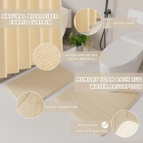 Miniatura 8 de XLHOMO Bathroom Set- 25PC Beige Bathroom Set, Bathroom Set with Shower Curtain and Rugs, Beige Shower Curtain Set, Toilet Brush, Bathroom Trash Can