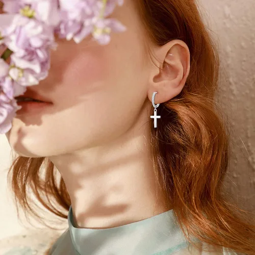 Miniatura 2 de Cuoka Aretes de aro de plata de ley 925 unisex con alas de ángel, plumas y cruz, aretes colgantes colgantes, aretes con bisagras, hipoalergénicos