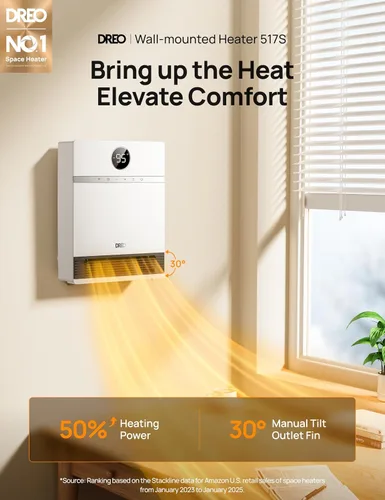 Miniatura 2 de Dreo Calentador de pared inteligente, calentadores eléctricos PTC IP24 para uso en interiores, oscilación de 30°, termostato ajustable, control