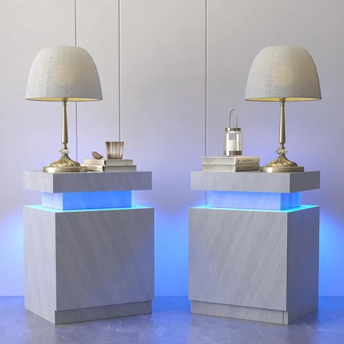 Miniatura 15 de oneinmil Juego de 2 mesitas de noche con luces LED, mesita de noche con armario de almacenamiento para dormitorio, mesita de noche con LED