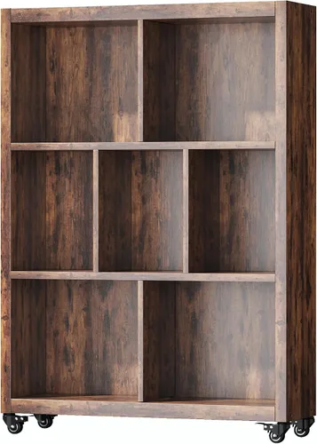FUSUNBAO Estantería estilo 7 cubos con marco de ruedas, organizador de almacenamiento de libros de estilo industrial, estantes fijos de pie,