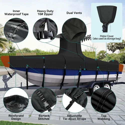 Miniatura 6 de Cubierta para Barco Resistente True 1200D T-Top de 17ft - 19ft con Cubierta para Motor, Solución 100% Impermeable Teñido en Solución Consola Central