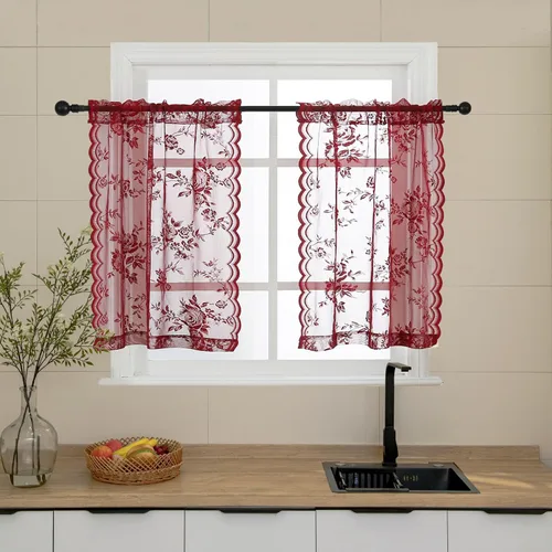 Miniatura 20 de SEEKRIGHT - 2 paneles de cortinas traslúcidas de encaje negro, cortinas góticas florales, cortinas victorianas con bolsillo para cortinero