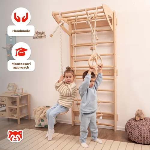 Miniatura 8 de Escalera sueca para niños para juegos activos en interiores, barra de dominadas ajustable, escalera de cuerda, anillos de gimnasia, cuerda