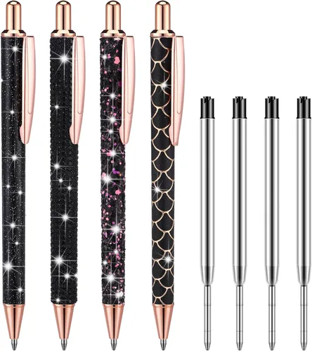 Ireer 4 bolígrafos brillantes de diamantes de imitación para mujer, bolígrafo de tinta de metal con purpurina de cristal con 4 recambios de 0.039