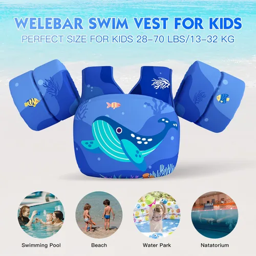 Miniatura 2 de Chaleco de natación para niños pequeños, apto para niños de 28 a 70 libras, flotadores para niños y niñas, ayuda a la natación, entrenamiento, traje