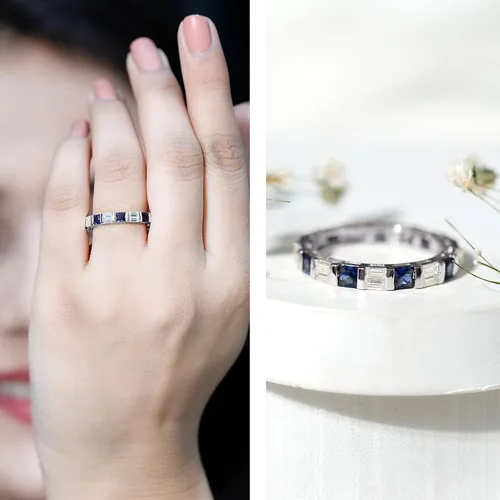 Miniatura 2 de Certified Lab Grown Blue Sapphire Eternity Band, AAAA Quality, Sapphire Moissanite Anniversary Ring - Ready To Gift