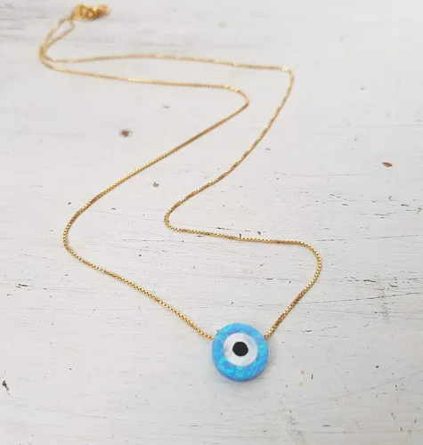 Miniatura 4 de Blue Opal Evil Eye Necklace,10mm created Opal,14k gold filled chain length 16 inch+ extension
