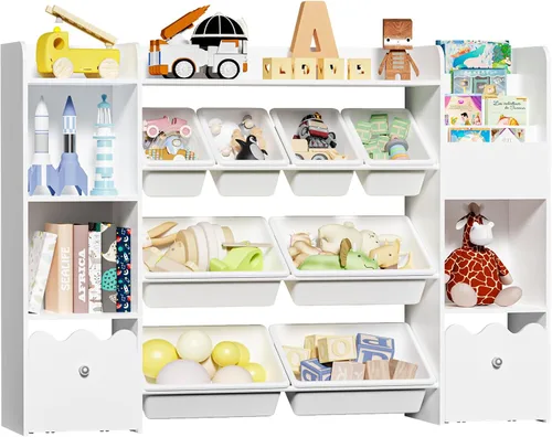 HOMMPA Organizador de almacenamiento de juguetes para niños de 55 pulgadas de ancho con 2 cajones movibles, estantería de 4 niveles para niños,