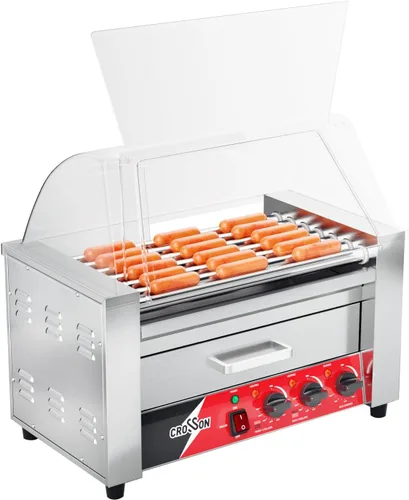 CROSSON Hot Dog 7 Roller con calentador de bollo y protector transparente de estornudos, 7 antiadherente 304 rodillo parrilla cocina máquina