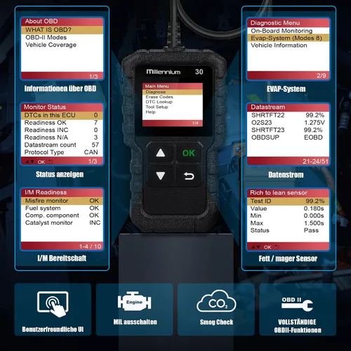 Miniatura 5 de LAUNCH Millennium 30 OBD2 escáner, lector de código de coche con funciones OBD2 completas, herramienta de diagnóstico de coche de luz