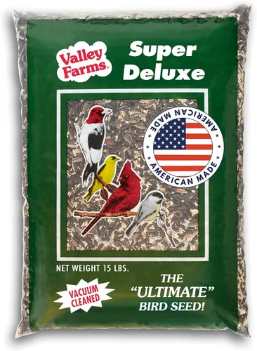 Valley Farms Super Deluxe - Alimento para pájaros silvestres (15 libras) para comederos exteriores – 0% rellenos – cargas de semillas de girasol –