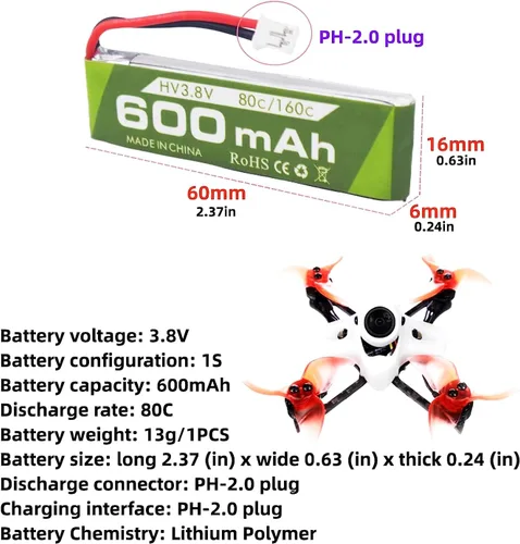 Miniatura 2 de 2 unidades 1S 3.8V 80C 600mAh batería de litio con conector JST-PH 2.0 enchufe y cable de carga USB para Cineahoop Tinyhawk Mini FPV Racing Drone RC