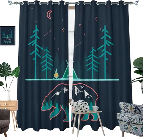 Miniatura 3 de Cortinas abstractas con estampado de cámper de caricaturas, divertido tema de aventura, campamento, montañas, vida silvestre, oso, tratamiento