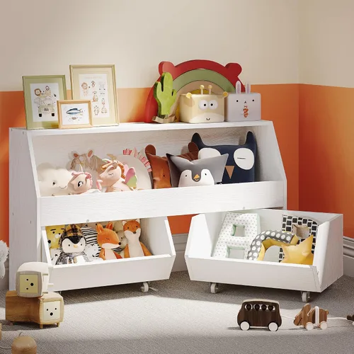 Miniatura 10 de Almacenamiento y organizador de juguetes para niños, estantería grande con contenedor de juguetes y gabinete de juguetes con dos cajones móviles