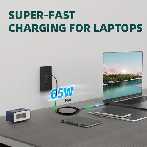 Miniatura 2 de TOPELER Tomacorriente USB de pared negra, tomacorriente USB de carga ultrarrápida GaN de 65W para laptop, receptáculo resistente a manipulaciones