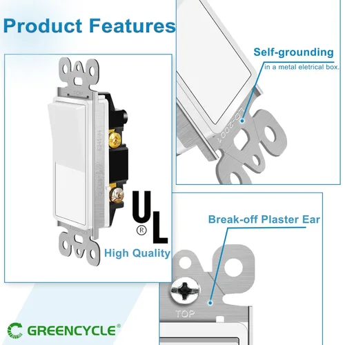 Miniatura 6 de Greencycle Interruptor de luz basculante de un solo polo, interruptor de luz de paleta de 15 amperios, interruptores Sp blancos, 120V-277V CA