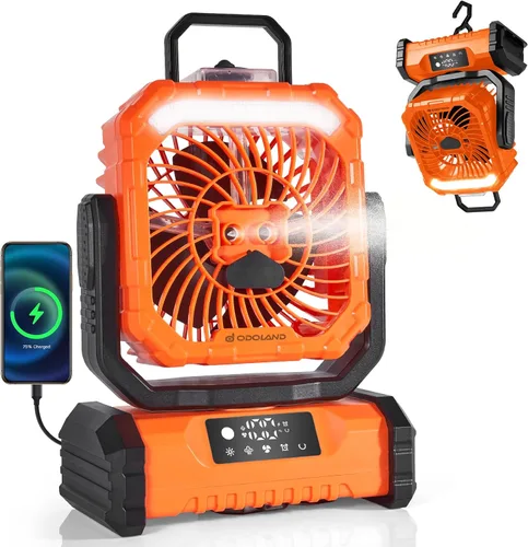 Odoland Ventilador de nebulización portátil con luz, batería recargable de 30000 mAh, ventilador de campamento con 2 pulverizadores, ventilador de