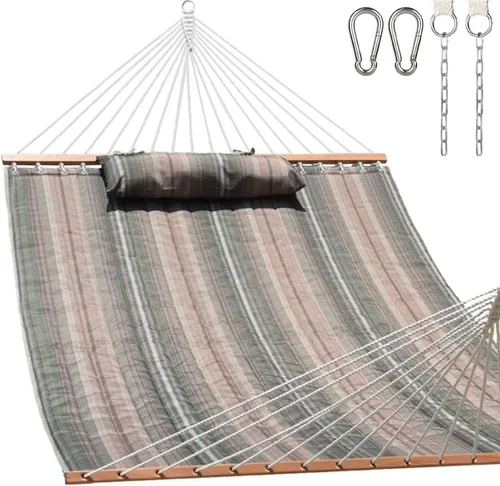 Miniatura 12 de Lazy Daze Hammocks Hamaca de tela acolchada de 12 pies con almohada suave, hamaca doble para 2 personas con barra separadora para patio exterior