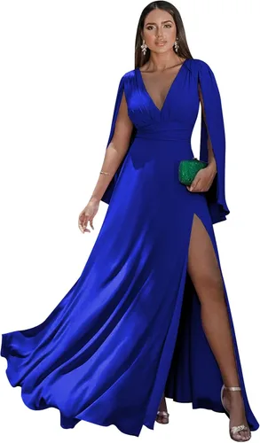Miniatura 29 de Women's Long Sleeve Bridesmaid Dresses V-Neck Chiffon Ruched Formal Dress Evening Gown with Slit