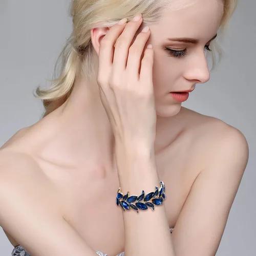 Miniatura 4 de BriLove Pulsera elástica de hoja con forma de marquesa de cristal nupcial para mujer