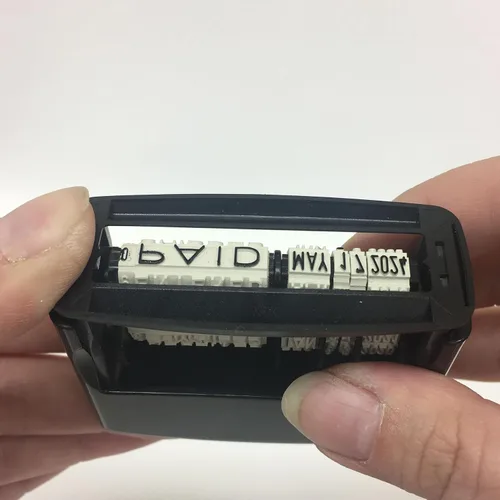 Miniatura 5 de Trodat Printy 4817 Economy Dial-A-Phrase, 12 mensajes populares de oficina, mes en letras, día y año en números, sello de fecha de goma – Negro