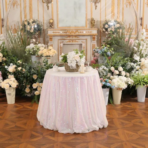 Miniatura 160 de PartyDelight Mantel de lentejuelas redondo de 50 pulgadas, color dorado claro, adorno de mesa para decoración de bodas, fiestas, cumpleaños