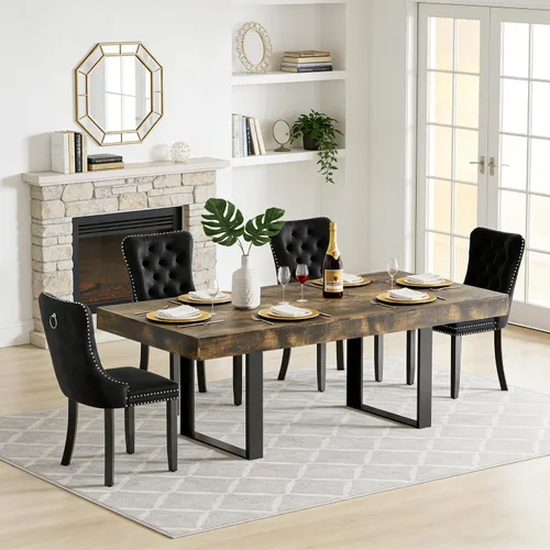Miniatura 26 de Juego de mesa de comedor extensible de 5 piezas para 4, mesa de cocina de madera marrón de 63-78.7 pulgadas con 4 sillas acolchadas beige, juego
