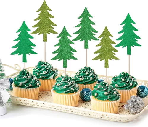 Miniatura 36 de Paquete de 24 Adornos para Cupcakes de Feliz Navidad, Adornos para Cupcakes para Revelación de Género, Adornos para Cupcakes de Árbol de Navidad, 5