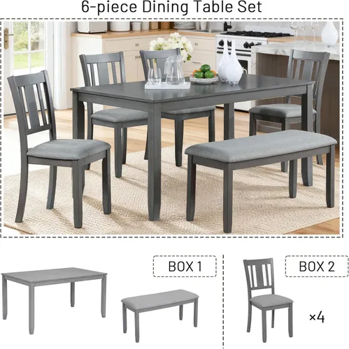 Miniatura 3 de Elegante juego de mesa de comedor de madera de 6 piezas con 4 sillas de respaldo de listones y un banco, juego de mesa de comedor de cocina para 6