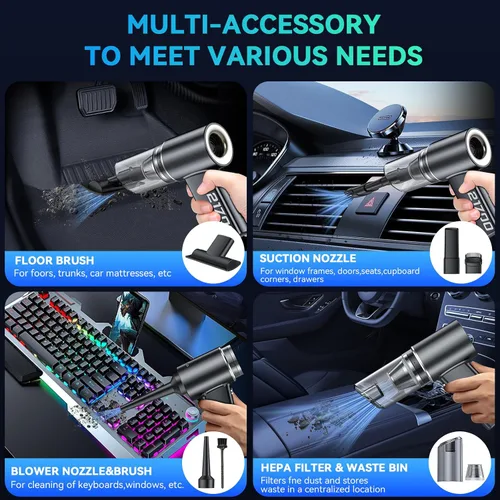 Miniatura 5 de Aspiradora portátil inalámbrica con motor sin escobillas, potencia de succión de 16000 PA, plumero de aire comprimido 3 en 1 y soplador de aire