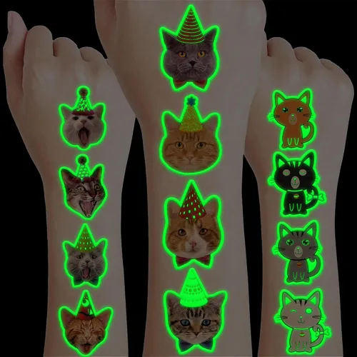 96 piezas de tatuajes temporales de gatos que brillan en la oscuridad para niños, calcomanías de tatuaje luminosas falsas para mascotas súper lindas