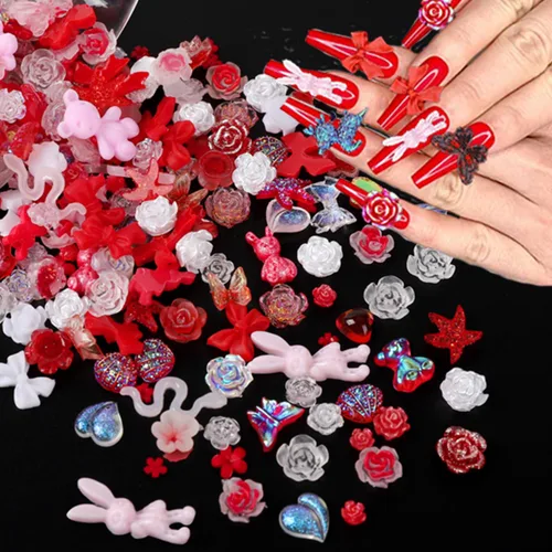 Miniatura 7 de COOSLIM 110 Piezas Dijes para Uñas 3D, Dijes de Resina Mariposa Oso para Uñas, Flor Rosa Lazo Conejo con Forma de Animal Piedras de Strass Perlas