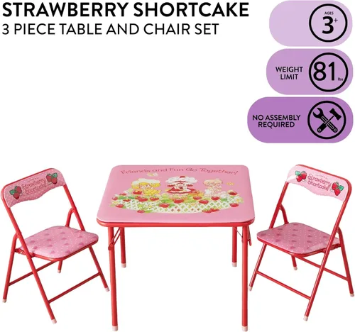 Miniatura 3 de Idea Nuova Juego de muebles de 3 piezas con 1 mesa cuadrada y 2 sillas plegables para niños, Strawberry Shortcake Tarta de Fresa