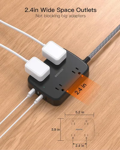 Miniatura 3 de Regleta de alimentación con protector de sobretensiones de 10 pies, cable de extensión plano con 2 USB C, regleta de alimentación de enchufe plano